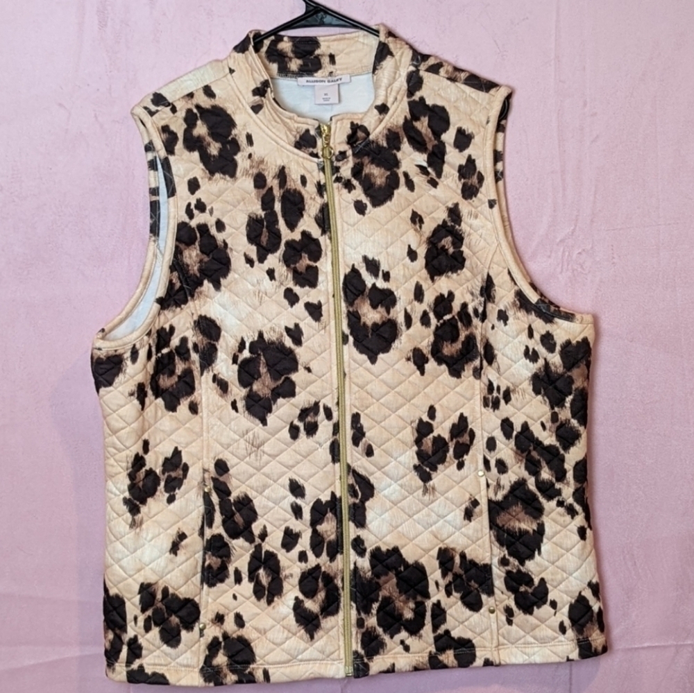 Allison Daley Leopard Print Quilted Full Zip Vest with Pockets size XL